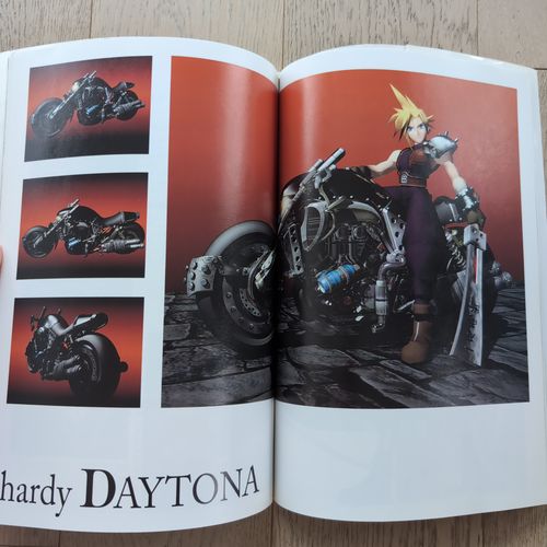 Two open pages from the inside of the book showing Cloud on his Hardy-Daytona.
