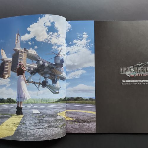 Two open pages from the inside of the book showing Aerith and the Highwind.