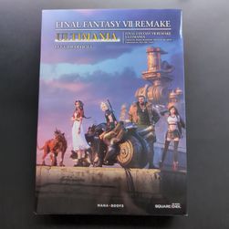 Front cover of the book featuring Cloud on his bike, Red XIII, Aerith, Barret, and Tifa with Midgar in the background.