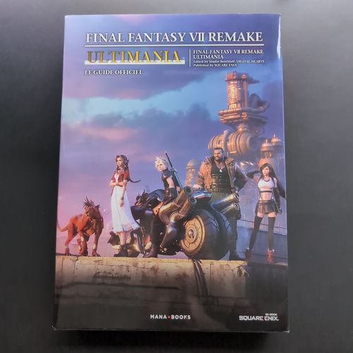 Front cover of the book featuring Cloud on his bike, Red XIII, Aerith, Barret, and Tifa with Midgar in the background.