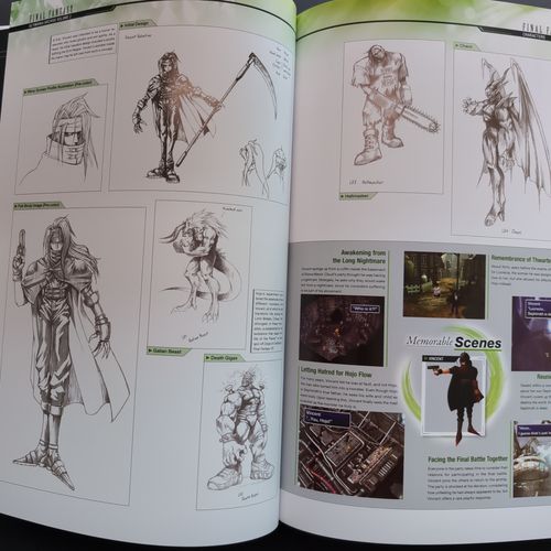 Two open pages from the inside of the book, showing artwork and memorable scenes featuring Vincent Valentine.